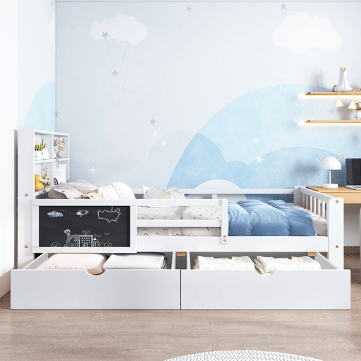 Cama infantil 90x200 - multifuncional com gavetas e quadro - branca