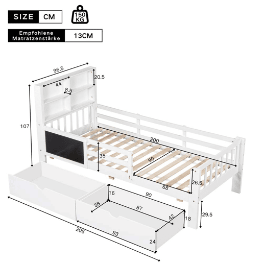 Cama infantil 90x200 - multifuncional com gavetas e quadro - branca