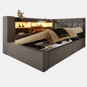 Cama de solteiro de linho 90x200 cm com armazenamento e luz led,cinza