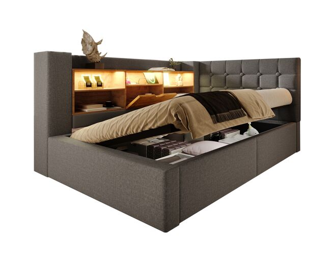 Cama individual de lino 90x200 cm con almacenaje y luz led,gris