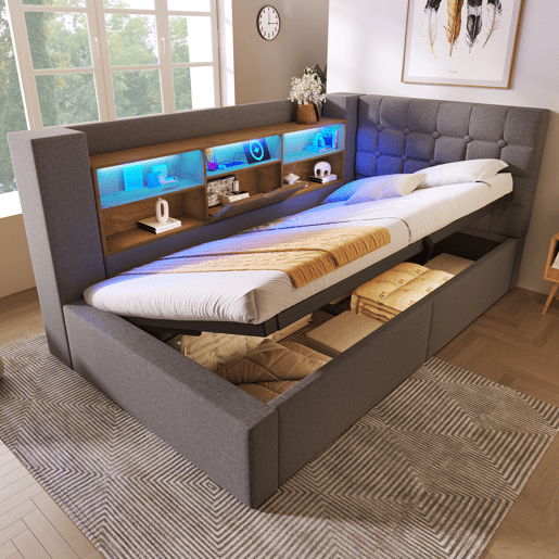 Cama de solteiro de linho 90x200 cm com armazenamento e luz led,cinza