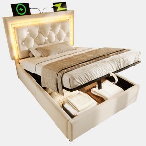Cama de solteiro de veludo 90x200 cm com armazenamento e luz led,bege