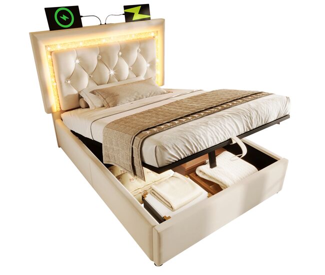 Cama individual de terciopelo con almacenaje 101x209