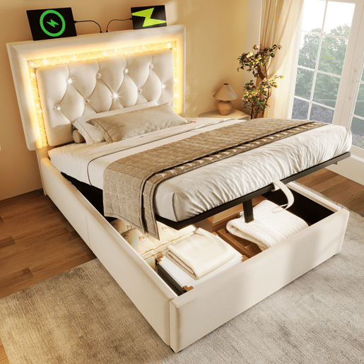 Cama de solteiro de veludo 90x200 cm com armazenamento e luz led,bege