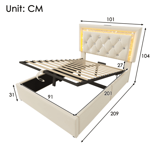 Cama de solteiro de veludo 90x200 cm com armazenamento e luz led,bege