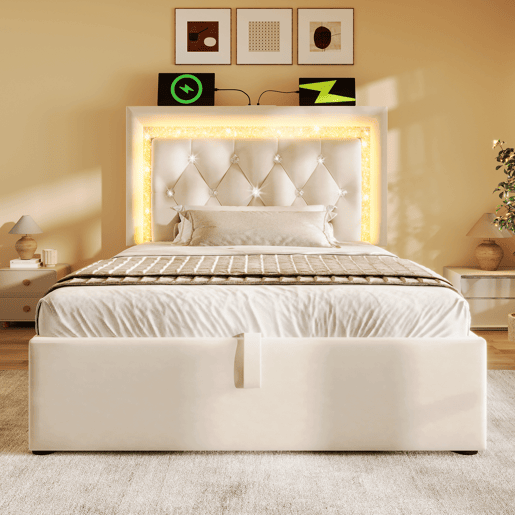 Cama de solteiro de veludo 90x200 cm com armazenamento e luz led,bege