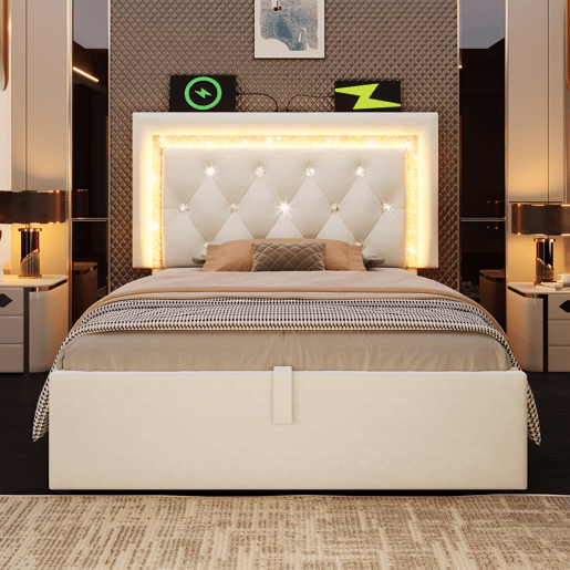 Cama de solteiro de veludo 90x200 cm com armazenamento e luz led,bege