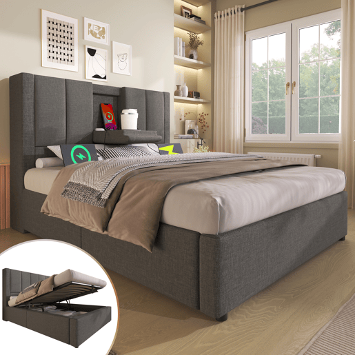 Cama de solteiro de linho 90x200 cm com armazenamento,cinza