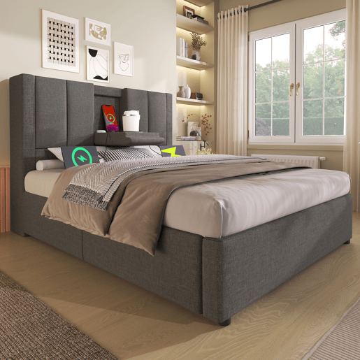 Cama de solteiro de linho 90x200 cm com armazenamento,cinza