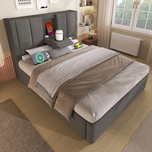Cama de solteiro de linho 90x200 cm com armazenamento,cinza