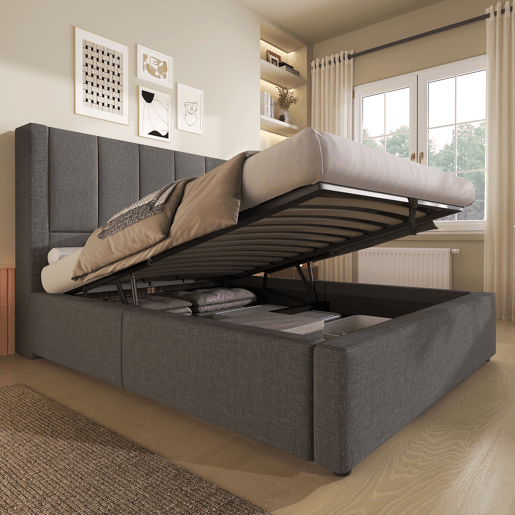 Cama de solteiro de linho 90x200 cm com armazenamento,cinza