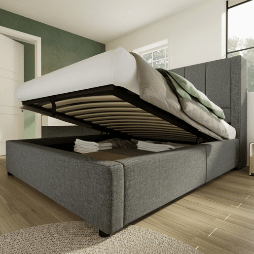 Cama de solteiro de linho 90x200 cm com armazenamento,cinza