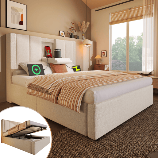 Cama de solteiro de linho 90x200 cm com armazenamento,bege