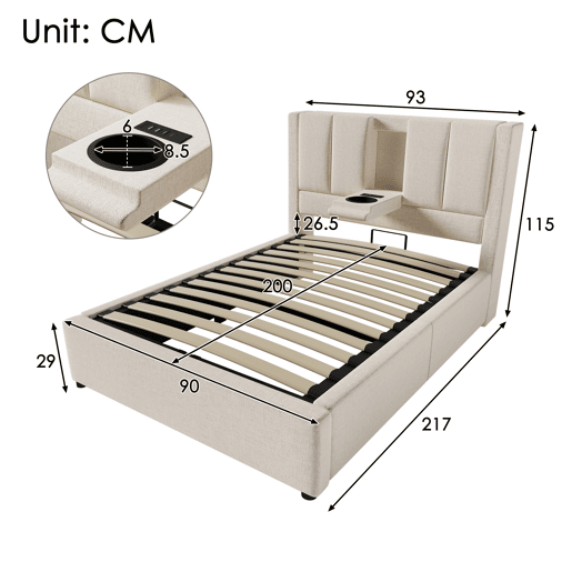 Cama de solteiro de linho 90x200 cm com armazenamento,bege