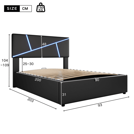 Cama de solteiro de pu 90x200 cm com armazenamento e luz led,preto