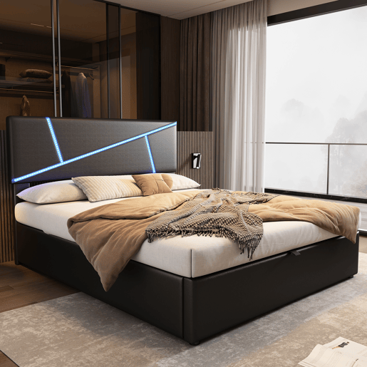 Cama de solteiro de pu 90x200 cm com armazenamento e luz led,preto
