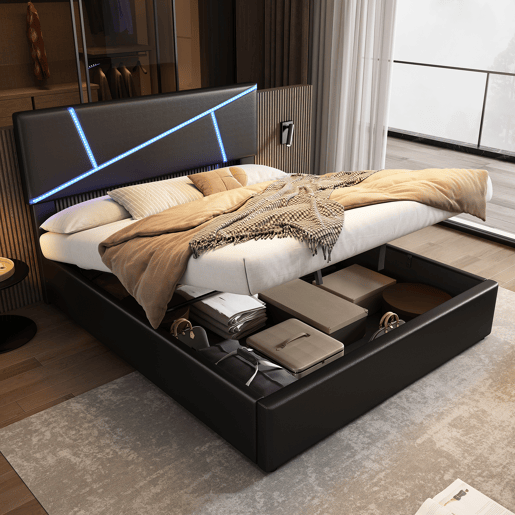 Cama de solteiro de pu 90x200 cm com armazenamento e luz led,preto