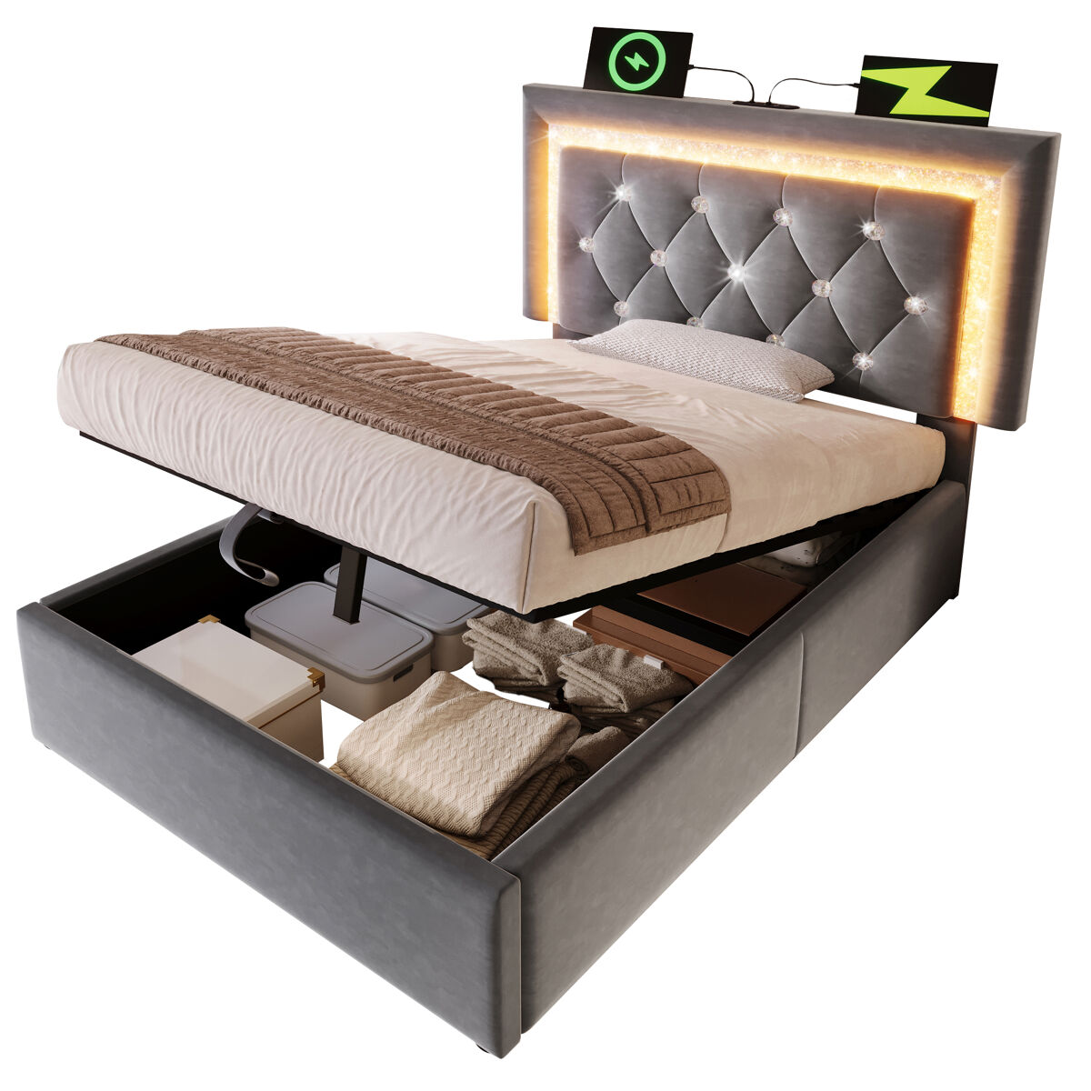 Cama individual de terciopelo con almacenaje 101x209 Gris
