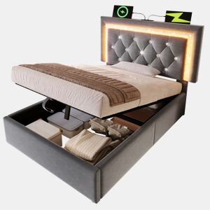 Cama de solteiro de veludo 90x200 cm com armazenamento e luz led,cinza