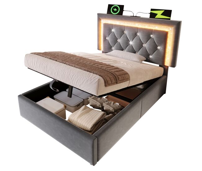 Cama individual de terciopelo 90x200 cm con almacenaje y luz led,gris