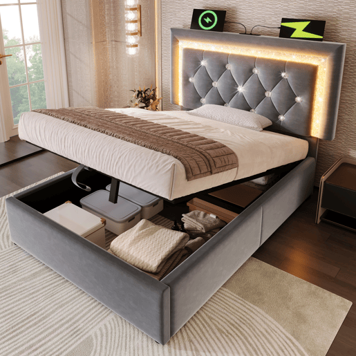 Cama de solteiro de veludo 90x200 cm com armazenamento e luz led,cinza