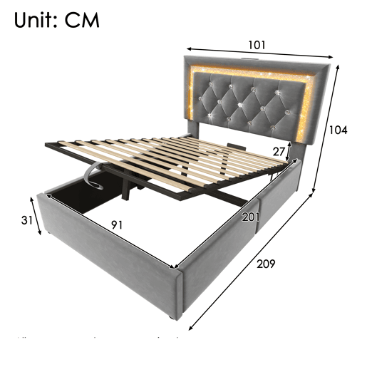Cama de solteiro de veludo 90x200 cm com armazenamento e luz led,cinza