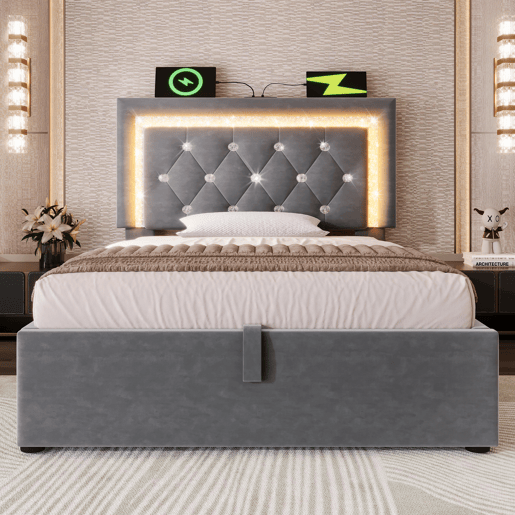 Cama de solteiro de veludo 90x200 cm com armazenamento e luz led,cinza