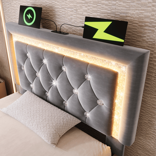 Cama de solteiro de veludo 90x200 cm com armazenamento e luz led,cinza