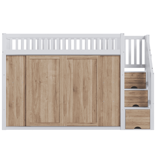 Cama infantil 90x200 cm - Cama alta multifuncional com armário e escada, barra de luzes, branco e carvalho Cama infantil 90x200 cm - Cama alta multifuncional com armário e escada, barra de luzes, branco e carvalho