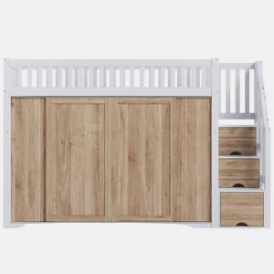 Cama infantil 90x200 cm - Cama alta multifuncional com armário e escada, barra de luzes, branco e carvalho