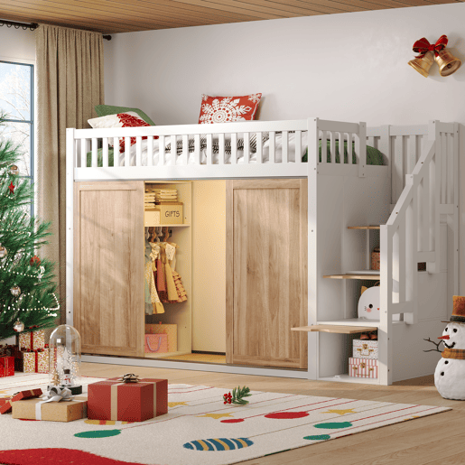 Cama infantil 90x200 cm - Cama alta multifuncional com armário e escada, barra de luzes, branco e carvalho Cama infantil 90x200 cm - Cama alta multifuncional com armário e escada, barra de luzes, branco e carvalho