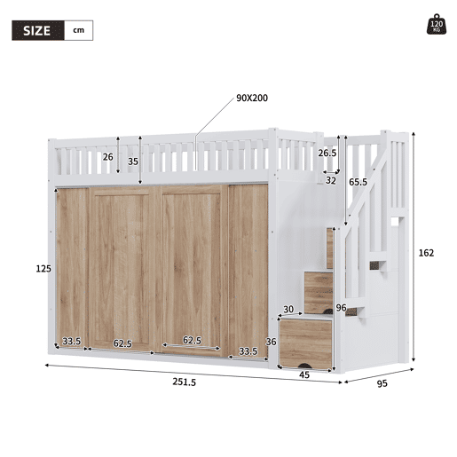 Cama infantil 90x200 cm - Cama alta multifuncional com armário e escada, barra de luzes, branco e carvalho Cama infantil 90x200 cm - Cama alta multifuncional com armário e escada, barra de luzes, branco e carvalho
