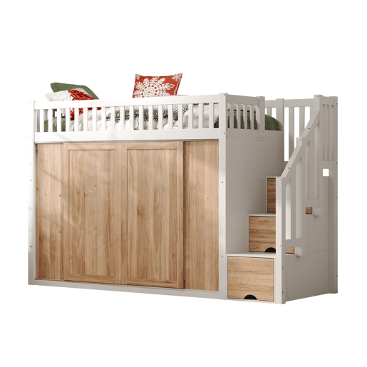 Cama infantil 90x200 cm - Cama alta multifuncional com armário e escada, barra de luzes, branco e carvalho Cama infantil 90x200 cm - Cama alta multifuncional com armário e escada, barra de luzes, branco e carvalho