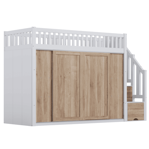 Cama infantil 90x200 cm - Cama alta multifuncional com armário e escada, barra de luzes, branco e carvalho Cama infantil 90x200 cm - Cama alta multifuncional com armário e escada, barra de luzes, branco e carvalho