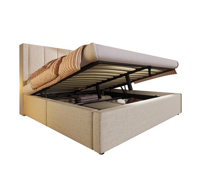 Cama de matrimonio de lino 140x190 cm con almacenaje,beige