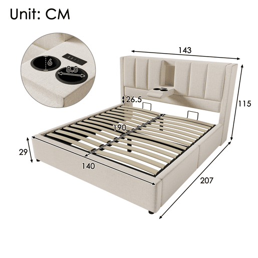 Cama de casal de linho 140x190 cm com armazenamento,bege