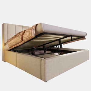 Cama de casal de linho 140x200 cm com armazenamento,bege