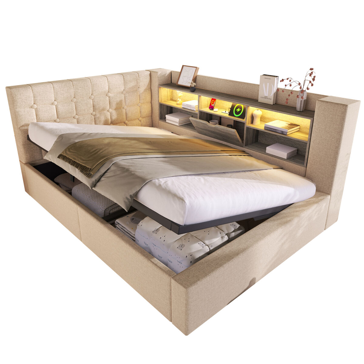 Cama de matrimonio de lino con almacenaje 158x203 Beige