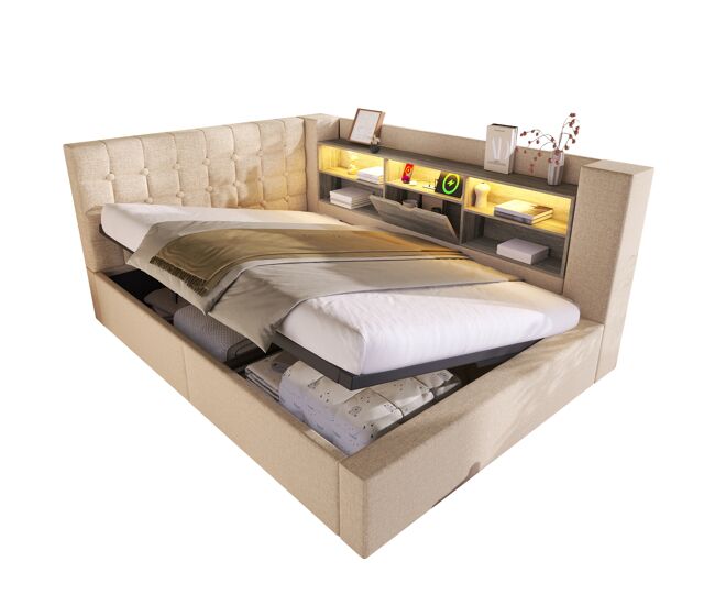 Cama de matrimonio de lino con almacenaje 158x203