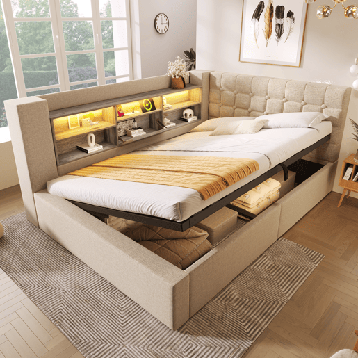 Cama de casal de linho 140x190 cm com armazenamento e luz led,bege