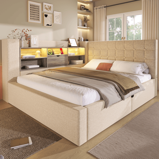 Cama de casal de linho 140x190 cm com armazenamento e luz led,bege