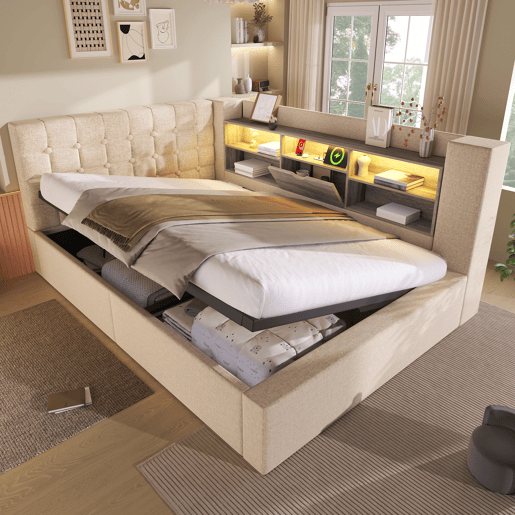 Cama de casal de linho 140x190 cm com armazenamento e luz led,bege