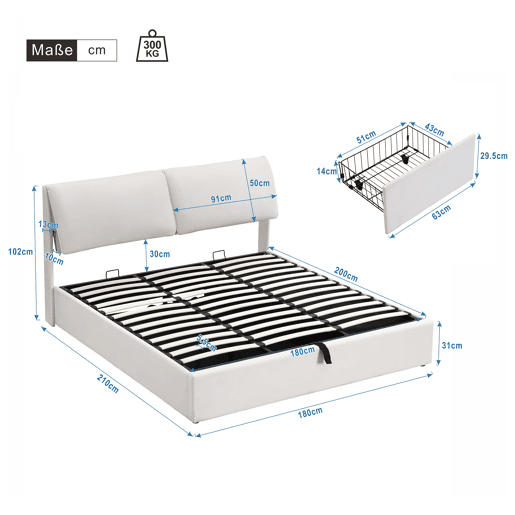 Cama de casal de veludo 180x200 cm com armazenamento,bege