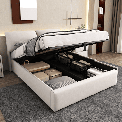 Cama de casal de veludo 180x200 cm com armazenamento,bege