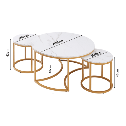Conjunto de 3 mesas de centro Christchurch metal MDF aspeto de mármore, brancodourado en.casa