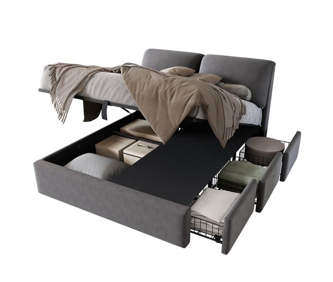 Cama de matrimonio de terciopelo 160x200 cm con almacenaje,gris