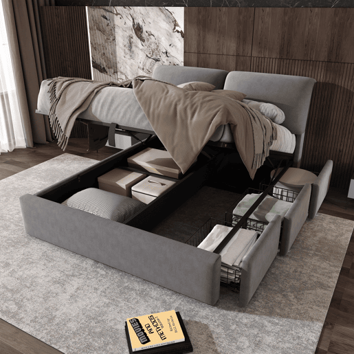 Cama de casal de veludo 160x200 cm com armazenamento,cinza