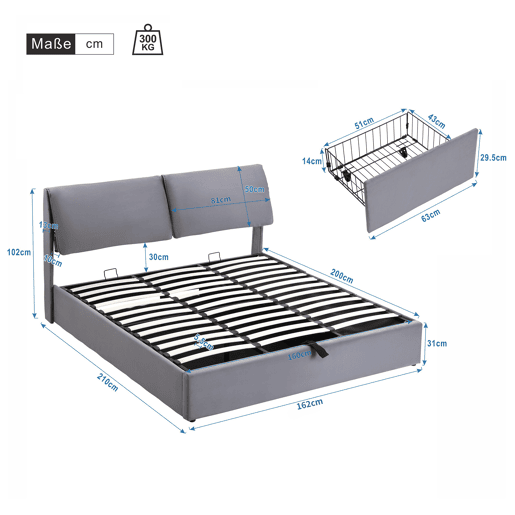 Cama de casal de veludo 160x200 cm com armazenamento,cinza