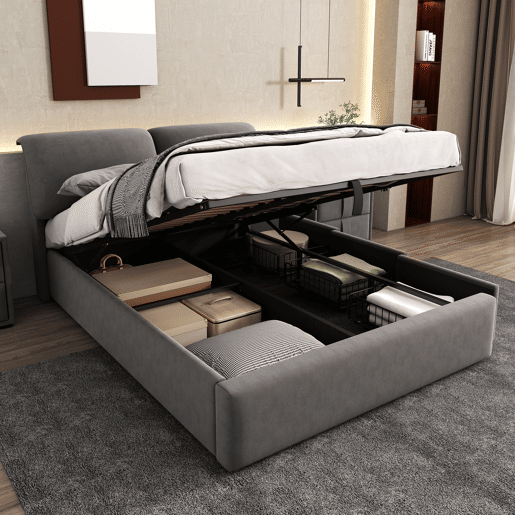 Cama de casal de veludo 160x200 cm com armazenamento,cinza