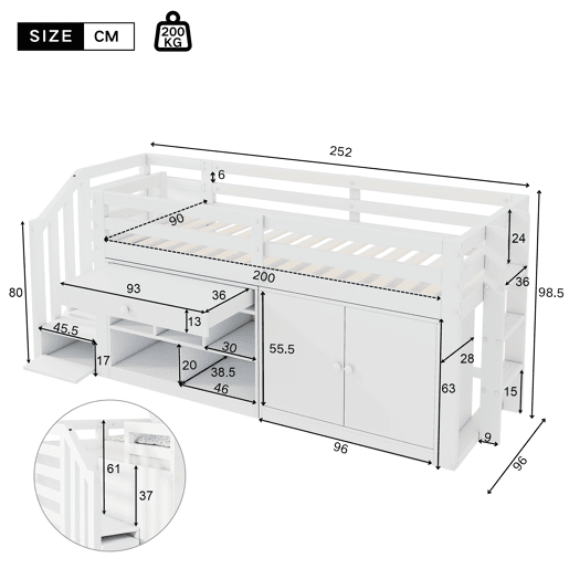 Cama alta,cama de criança de madeira maciça 90x200 cm,branco